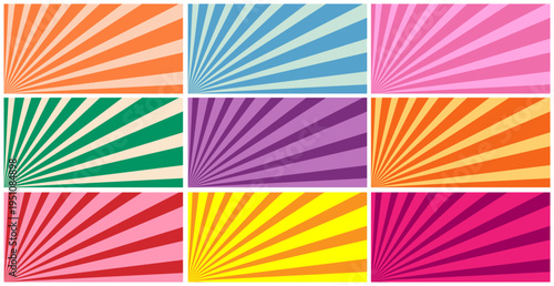 Vibrant Set of 9 Sunburst Ray Backgrounds Vector Collection with Radial Stripes in Various Bright Colors for Marketing and Design