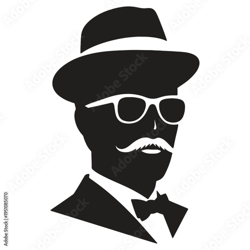 Stylized black silhouette of a man wearing a fedora hat sunglasses a distinguished mustache and a bow tie isolated on a white background representing classic style and sophistication