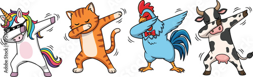 Funny cartoon illustrations of unicorn, cat, rooster, and cow performing trendy dabbing dance pose, colorful and playful design perfect for children’s entertainment and creative projects.