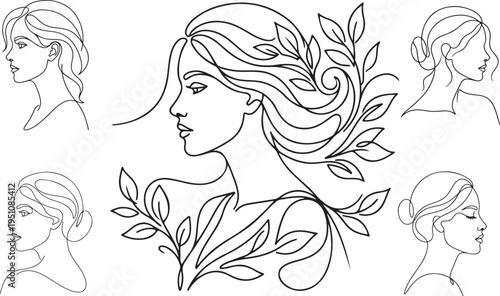 Beautiful girl with long hair surrounded by flowers in an elegant artistic line art style
