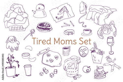 Vector outline illustrations on a theme of tired moms lifestyle. Objects isolated on a white background. Perfect for internet  media and social media. 
