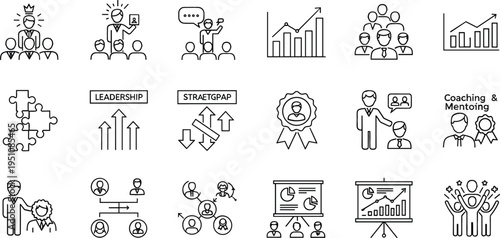 Leadership and team development line icons set with strategy planning, coaching, mentoring, business growth charts and teamwork management outline vector collection