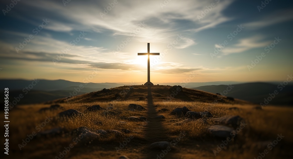 Obraz premium Easter sunday resurrection cross on a hill at sunrise
