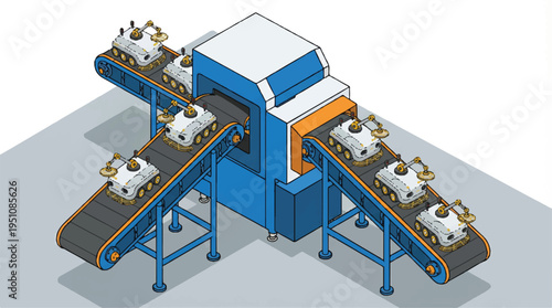 Isometric illustration of industrial conveyor belts with robotic cars moving around a processing machine