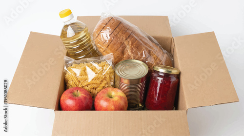 Open cardboard box with food items for donation or delivery