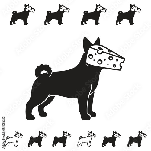 Whimsical illustration of a black dog with a slice of Swiss cheese covering its snout presented as a playful graphic element with multiple smaller variations