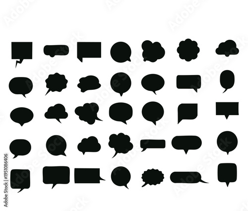 Black speech bubble silhouettes representing various chat forms and dialog options isolated on a white background for graphic design.