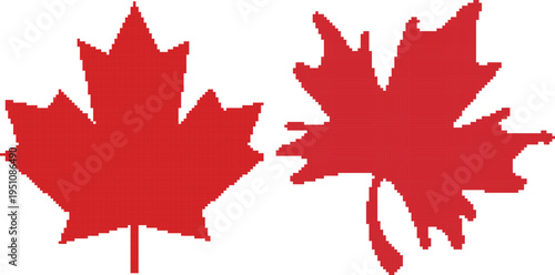 Red Maple Leaf Pixelated Silhouette Set with Canada National Symbol and Organic Autumn Leaf Vector Illustration