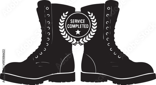 Military boots vector illustration silhouette with laurel wreath and service completed sign