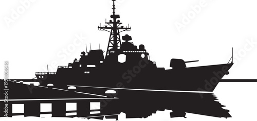 Naval warship silhouette vector illustration docked at harbor with detailed radar systems