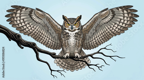 Owl perched on a tree branch with wings spread wide facing front