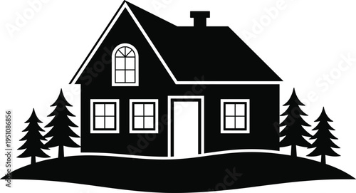 house, home, silhouette, residential, building, cottage, property, real, estate, architecture, rural, trees, landscape, exterior, living, family, illustration, minimal, design, icon