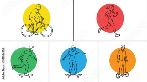 People engaging in various sports and fitness activities in a minimalistic style