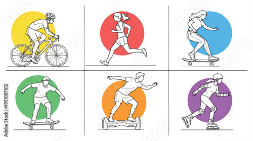 People engaging in various sports and leisure activities on different vehicles