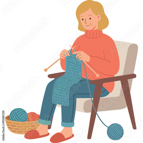 Woman sitting in chair knitting colorful woolen fabric with yarn balls nearby