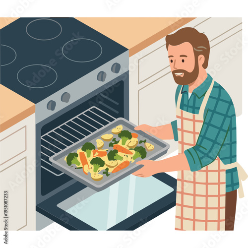 Man cooking vegetables on a baking sheet in the kitchen oven