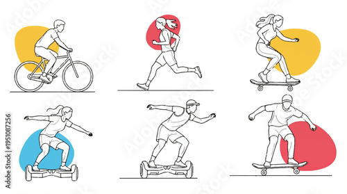 People riding bicycles skateboards and scooters in various sports activities