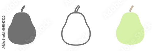 洋梨アイコンセット 白黒と線画とカラーを並べたシンプルな果物イラスト素材