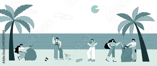 Beach cleanup. Caring for nature. People pick up trash on the beach.eps