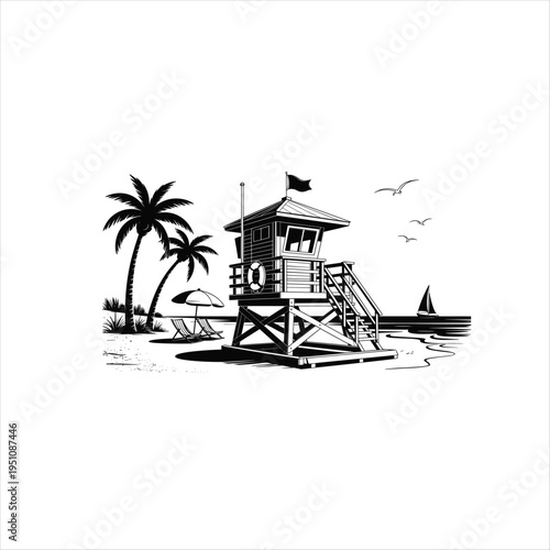 Tropical beach house on stilts with palm tree and birds
