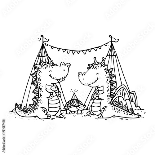 Two smiling cartoon dragons in striped shirts standing in front of a tent with a bunting festive camping scene with a small fire pit