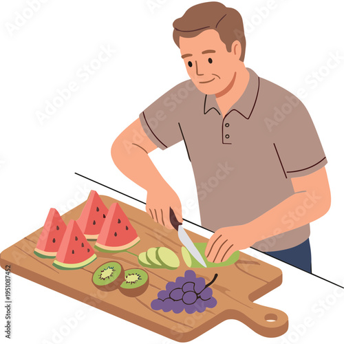 Man cutting fresh fruit on a wooden board indoors with knife