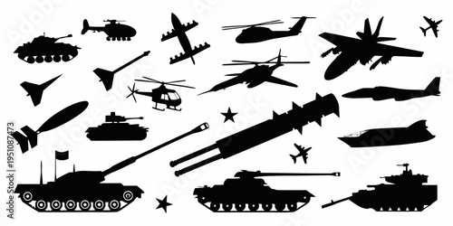 Military Aircraft Silhouette Vector Set Featuring Airplanes Jets and Helicopters in Flight.