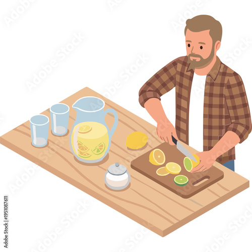 Man prepares fresh lemonade on wooden table with pitcher and glasses