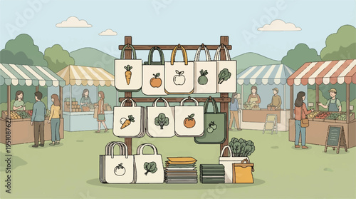 Reusable bags on display at an outdoor farmers market with people shopping for fresh produce