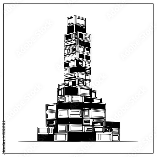 Towering stack of old black and white televisions media overload concept graphic illustration