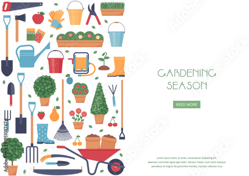 Gardening season banner. Poster with garden tools. Background template with garden instruments. Horticulture set. Vector illustration. Cartoon flat design. Icons isolated on white rectangular backdrop