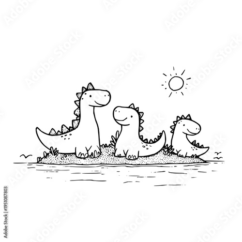 Three happy dinosaurs standing on grassy land under sunny sky smiling and looking around in a cute illustration
