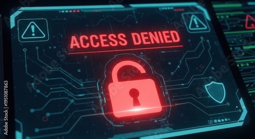 A red, glowing padlock icon on a digital interface signifies an 'ACCESS DENIED' message with warning symbols.