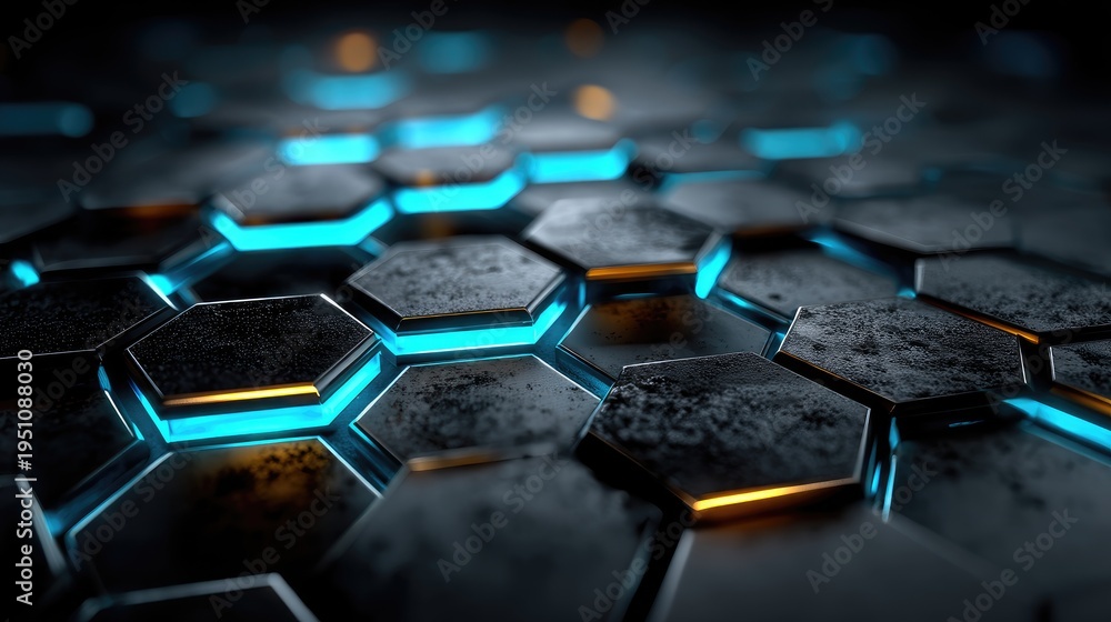 Fototapeta premium Futuristic hexagon pattern, glowing blue edges, dark metal texture, sci-fi armor background, honeycomb structure, high tech 