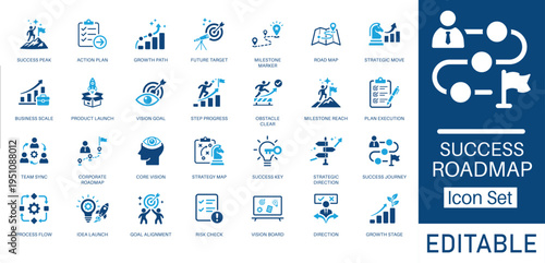 Success Roadmap and Strategy solid icon set. Featuring goal achievement, action plan, milestone tracking, career growth, and strategic planning. Solid vector icons for startup and business projects.