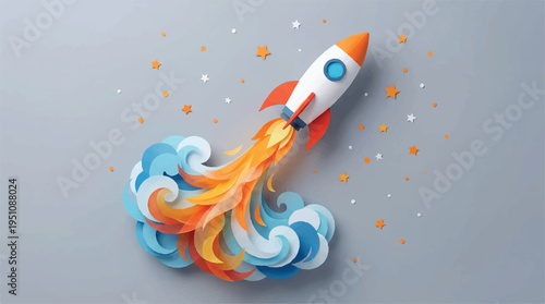 Rocket ship blasting off into the sky with flames and clouds  a symbol of innovation and progress