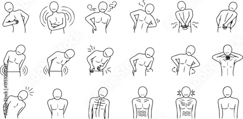 Set of icons demonstrating various human body pains like neck ache, back pain, headache, and other discomforts outline vector