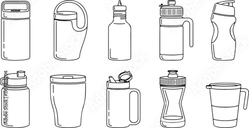 Reusable water bottles and thermos containers line art collection for hiking camping and sports hydration isolated on transparent background