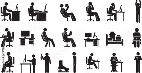Set of human pictogram icon in various poses and actions such as working on computer, reading book, exercising and relaxing