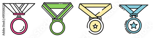 Colorful medals with different shapes and symbols are awarded