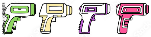 Four colorful gun-shaped devices with various handles are shown