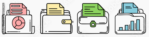 Four folder icons with documents and graphs on a white background display organized business data.