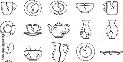 Broken ceramics icons, cracked cup, broken plate, shattered bowl, vase, jug, fragile, damage, pottery, tableware, domestic