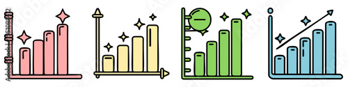 Colorful bar graphs and charts icons with arrows and sparkles on white background