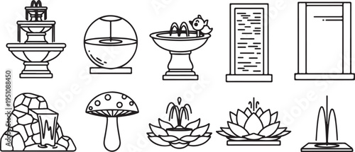 A diverse collection of indoor and outdoor water fountains and features Vector