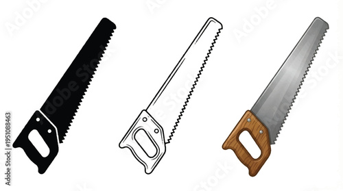 Three different illustrations of handsaws with various designs and colors