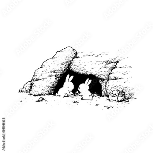 Two white rabbits standing outside a burrow entrance surrounded by rocks and dirt in a monochrome illustration serene atmosphere