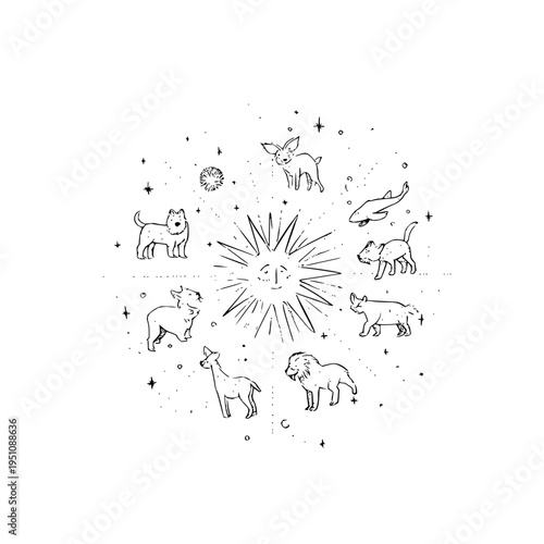 Hand drawn zodiac animals surrounding a celestial symbol with stars and sparkles on a white background mystical astrology illustration