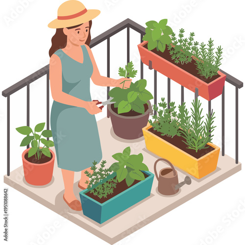 A woman in a hat tends to various plants on a balcony garden