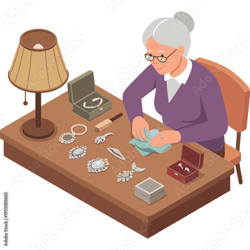 Elderly woman meticulously cleaning jewelry on a cluttered table indoors.